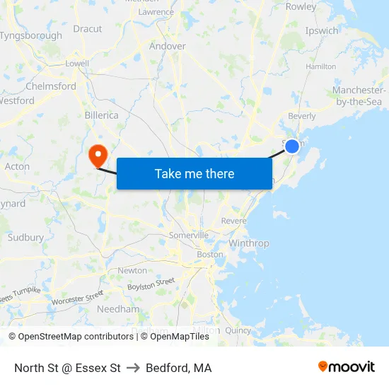 North St @ Essex St to Bedford, MA map
