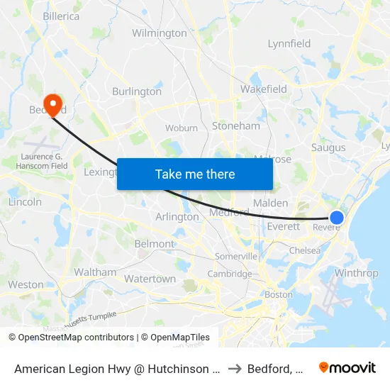 American Legion Hwy @ Hutchinson St to Bedford, MA map