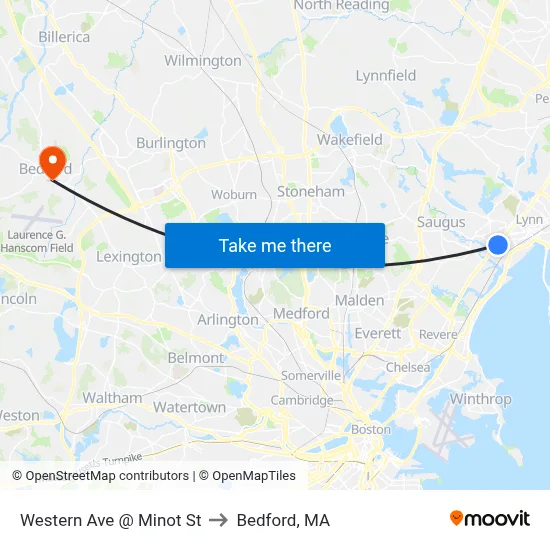 Western Ave @ Minot St to Bedford, MA map