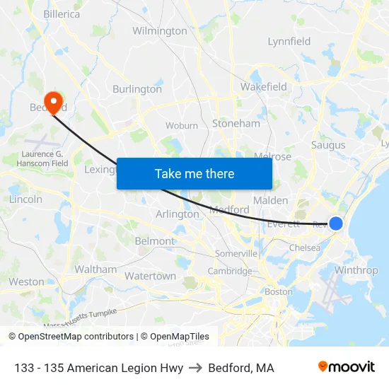 133 - 135 American Legion Hwy to Bedford, MA map
