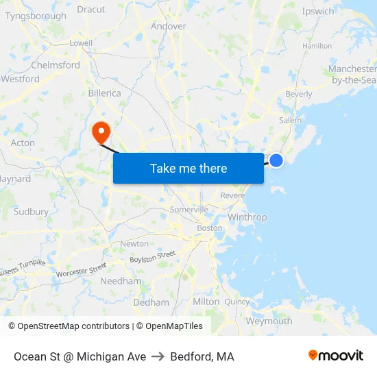 Ocean St @ Michigan Ave to Bedford, MA map