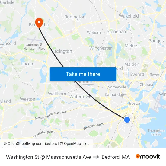Washington St @ Massachusetts Ave to Bedford, MA map