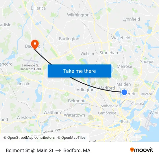 Belmont St @ Main St to Bedford, MA map