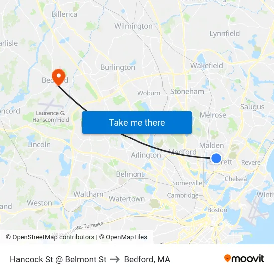 Hancock St @ Belmont St to Bedford, MA map