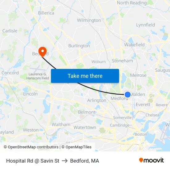 Hospital Rd @ Savin St to Bedford, MA map