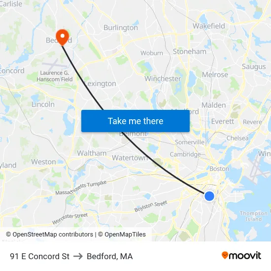 91 E Concord St to Bedford, MA map