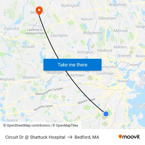 Circuit Dr @ Shattuck Hospital to Bedford, MA map