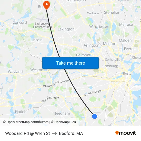 Woodard Rd @ Wren St to Bedford, MA map