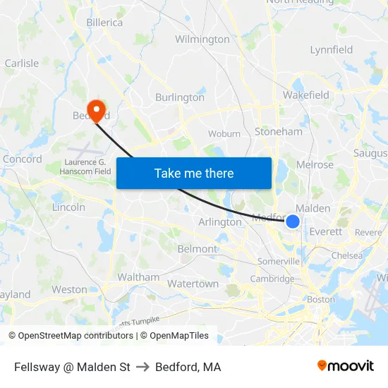 Fellsway @ Malden St to Bedford, MA map