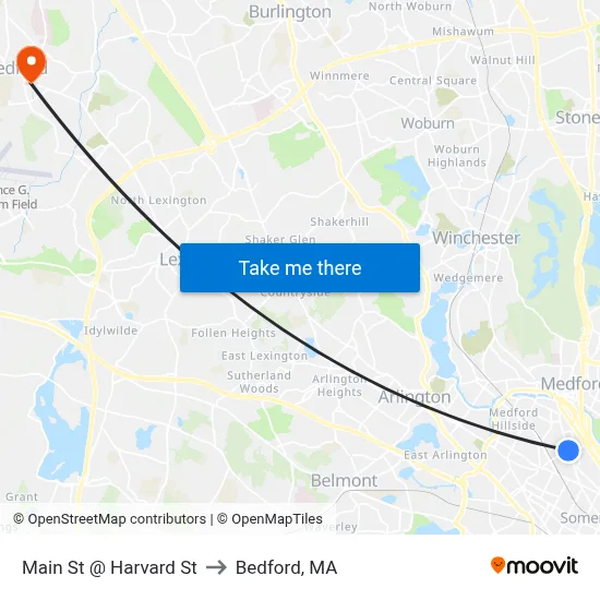 Main St @ Harvard St to Bedford, MA map