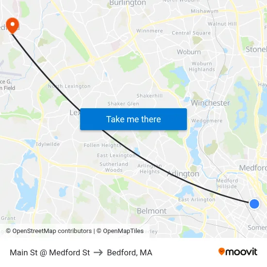 Main St @ Medford St to Bedford, MA map