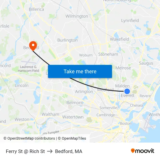 Ferry St @ Rich St to Bedford, MA map