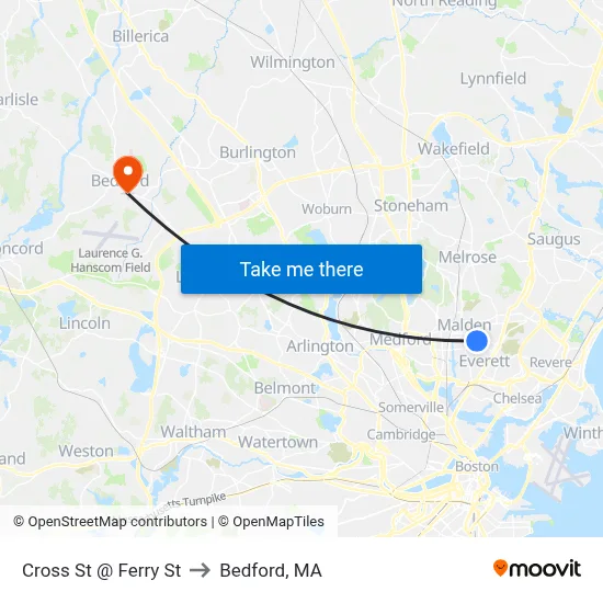 Cross St @ Ferry St to Bedford, MA map
