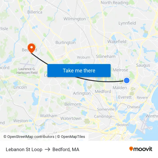 Lebanon St Loop to Bedford, MA map