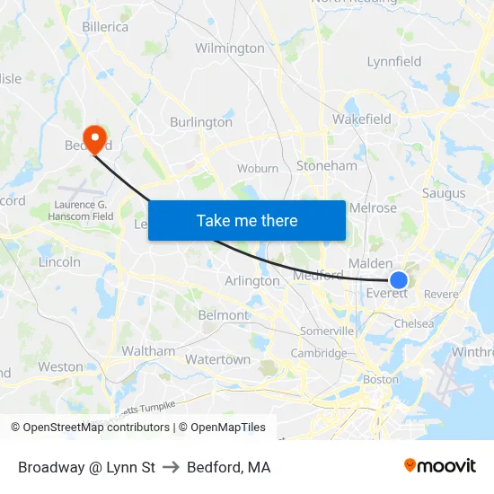 Broadway @ Lynn St to Bedford, MA map