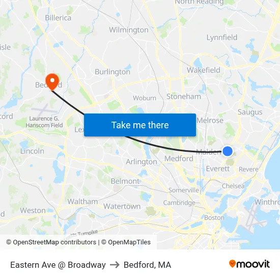 Eastern Ave @ Broadway to Bedford, MA map