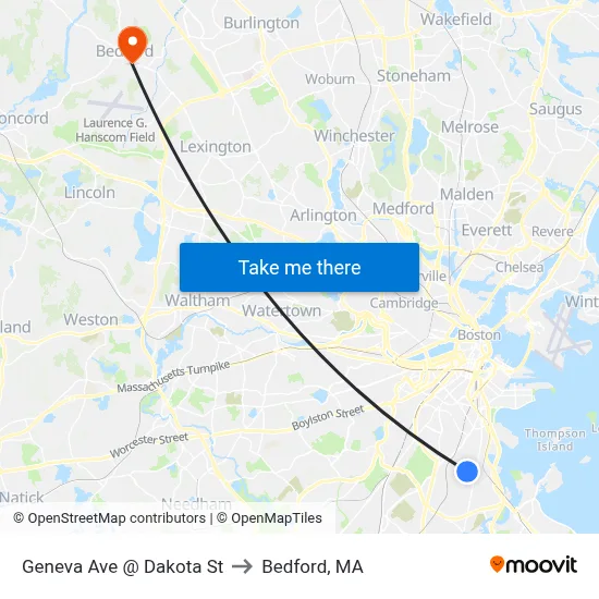 Geneva Ave @ Dakota St to Bedford, MA map