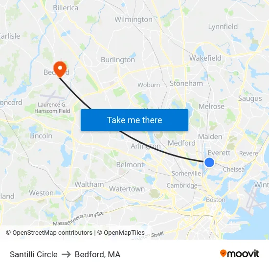 Santilli Circle to Bedford, MA map