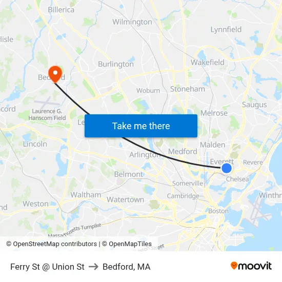 Ferry St @ Union St to Bedford, MA map