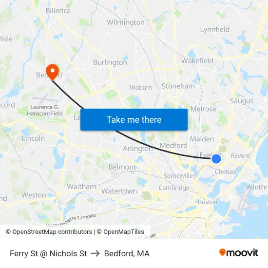 Ferry St @ Nichols St to Bedford, MA map