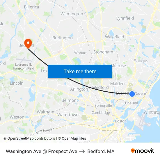 Washington Ave @ Prospect Ave to Bedford, MA map