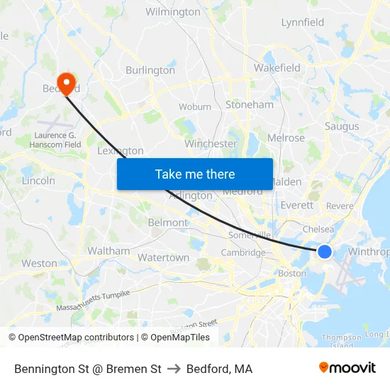 Bennington St @ Bremen St to Bedford, MA map