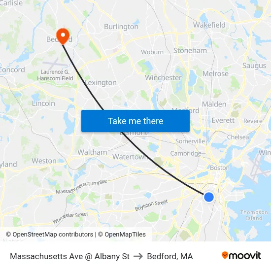 Massachusetts Ave @ Albany St to Bedford, MA map