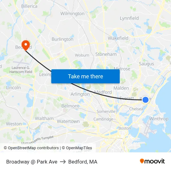 Broadway @ Park Ave to Bedford, MA map