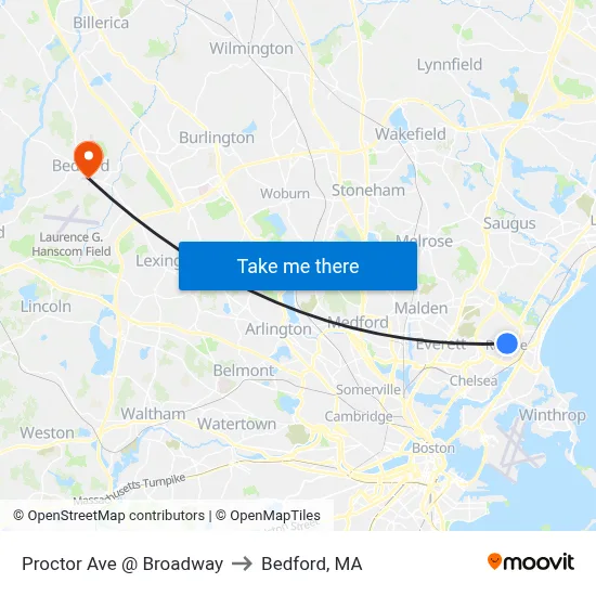Proctor Ave @ Broadway to Bedford, MA map