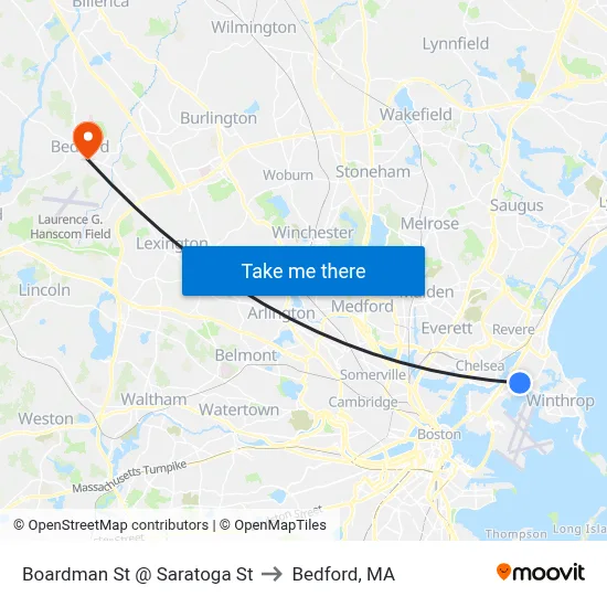 Boardman St @ Saratoga St to Bedford, MA map