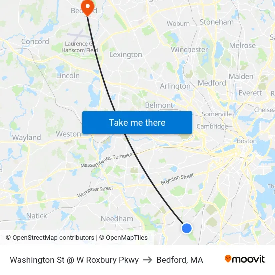 Washington St @ W Roxbury Pkwy to Bedford, MA map
