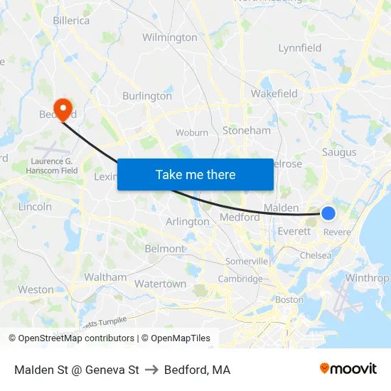 Malden St @ Geneva St to Bedford, MA map