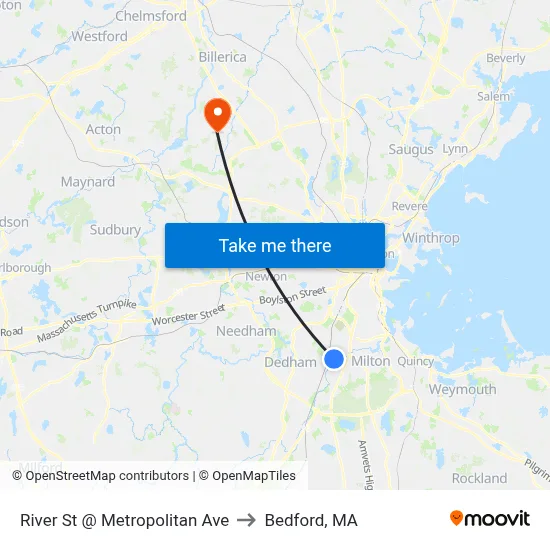 River St @ Metropolitan Ave to Bedford, MA map