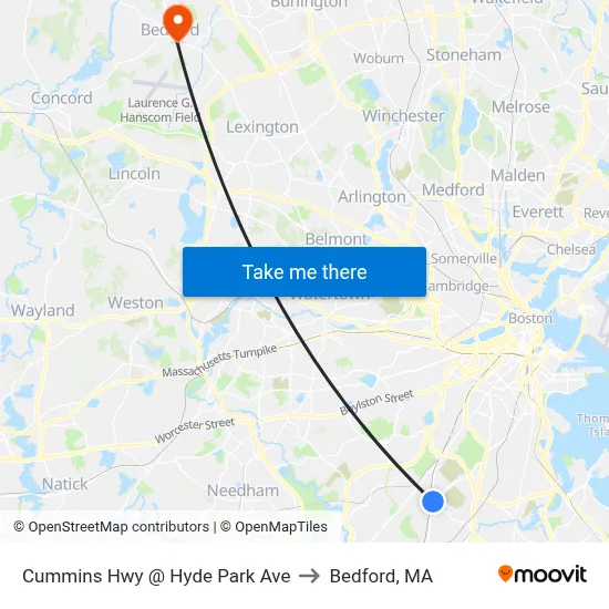 Cummins Hwy @ Hyde Park Ave to Bedford, MA map
