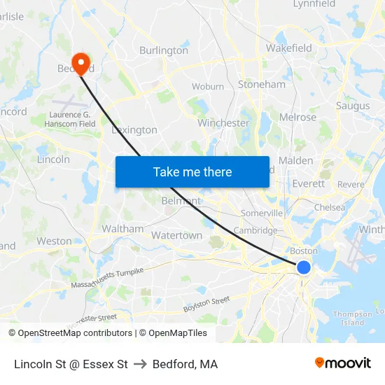 Lincoln St @ Essex St to Bedford, MA map