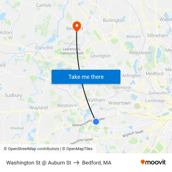 Washington St @ Auburn St to Bedford, MA map