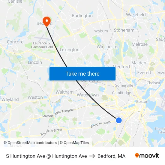 S Huntington Ave @ Huntington Ave to Bedford, MA map