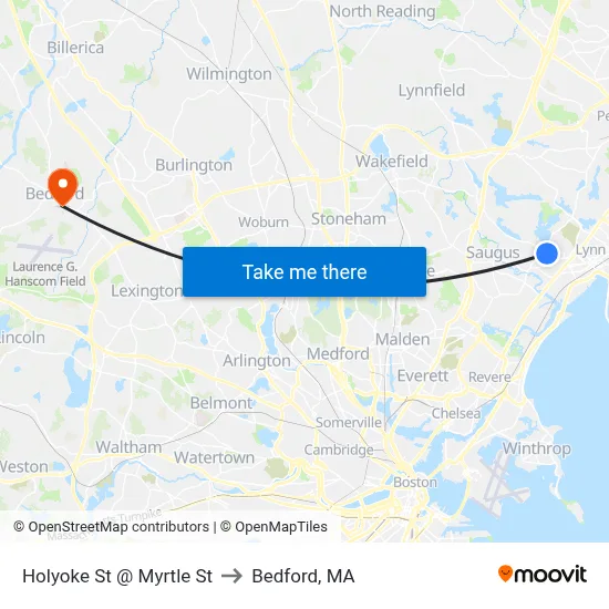 Holyoke St @ Myrtle St to Bedford, MA map