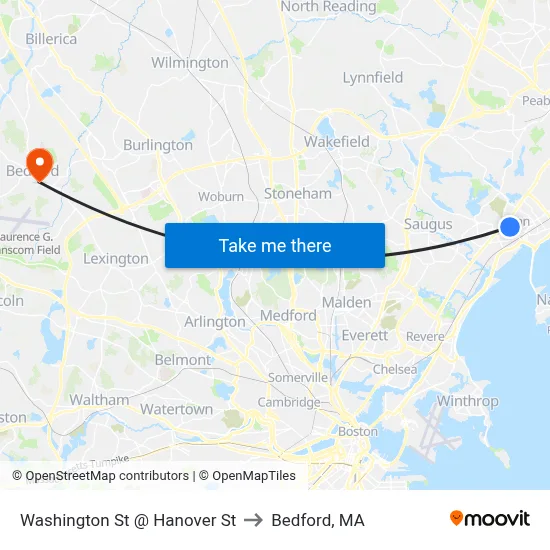 Washington St @ Hanover St to Bedford, MA map