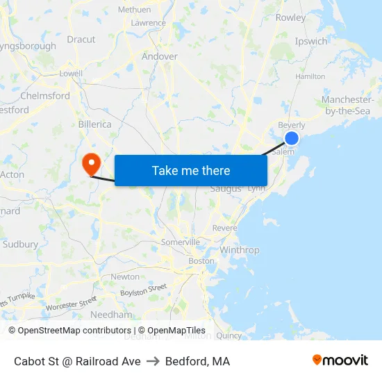 Cabot St @ Railroad Ave to Bedford, MA map