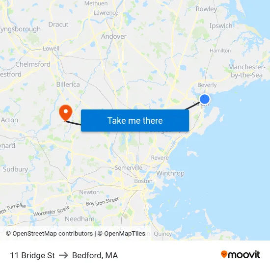 11 Bridge St to Bedford, MA map