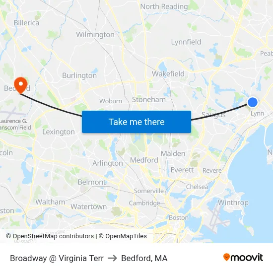 Broadway @ Virginia Terr to Bedford, MA map