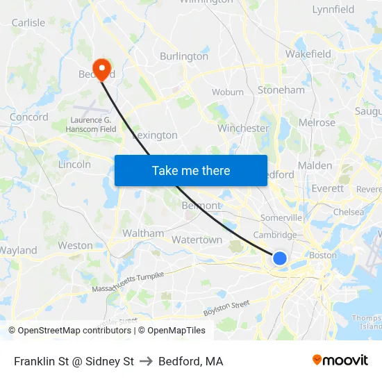 Franklin St @ Sidney St to Bedford, MA map