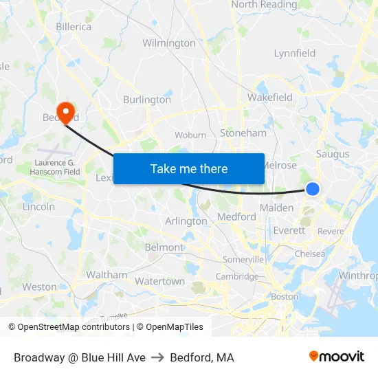 Broadway @ Blue Hill Ave to Bedford, MA map