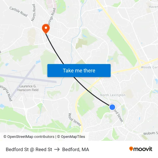 Bedford St @ Reed St to Bedford, MA map