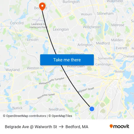 Belgrade Ave @ Walworth St to Bedford, MA map