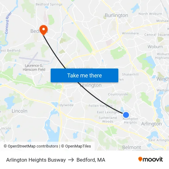Arlington Heights Busway to Bedford, MA map