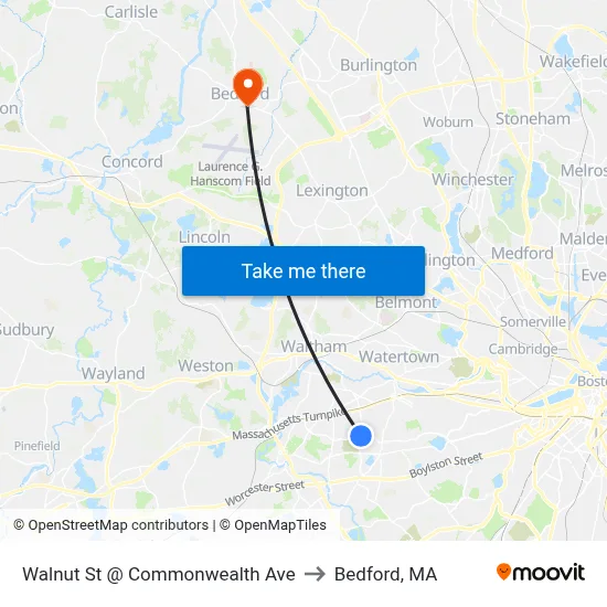 Walnut St @ Commonwealth Ave to Bedford, MA map