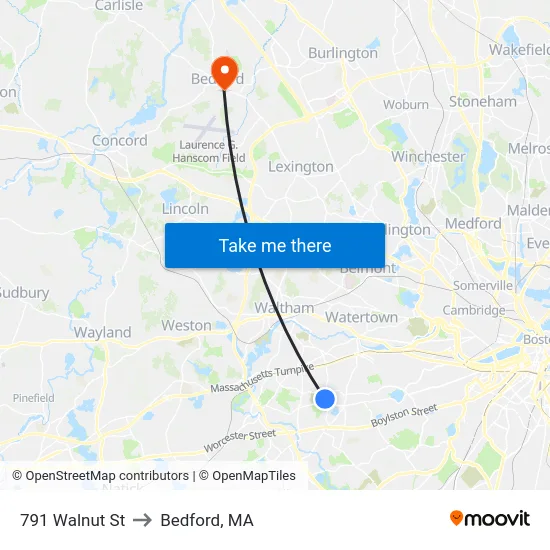 791 Walnut St to Bedford, MA map