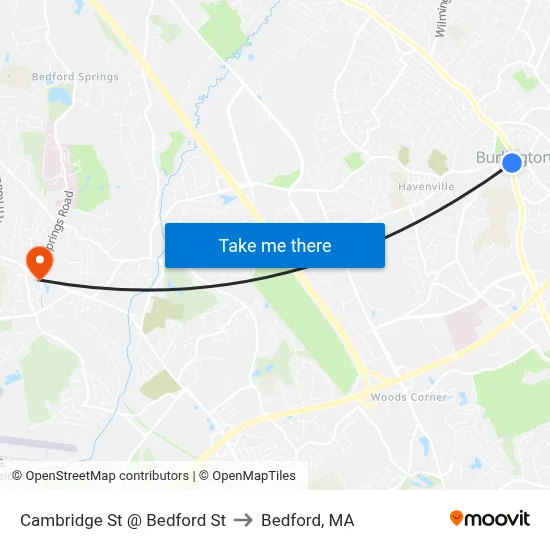 Cambridge St @ Bedford St to Bedford, MA map